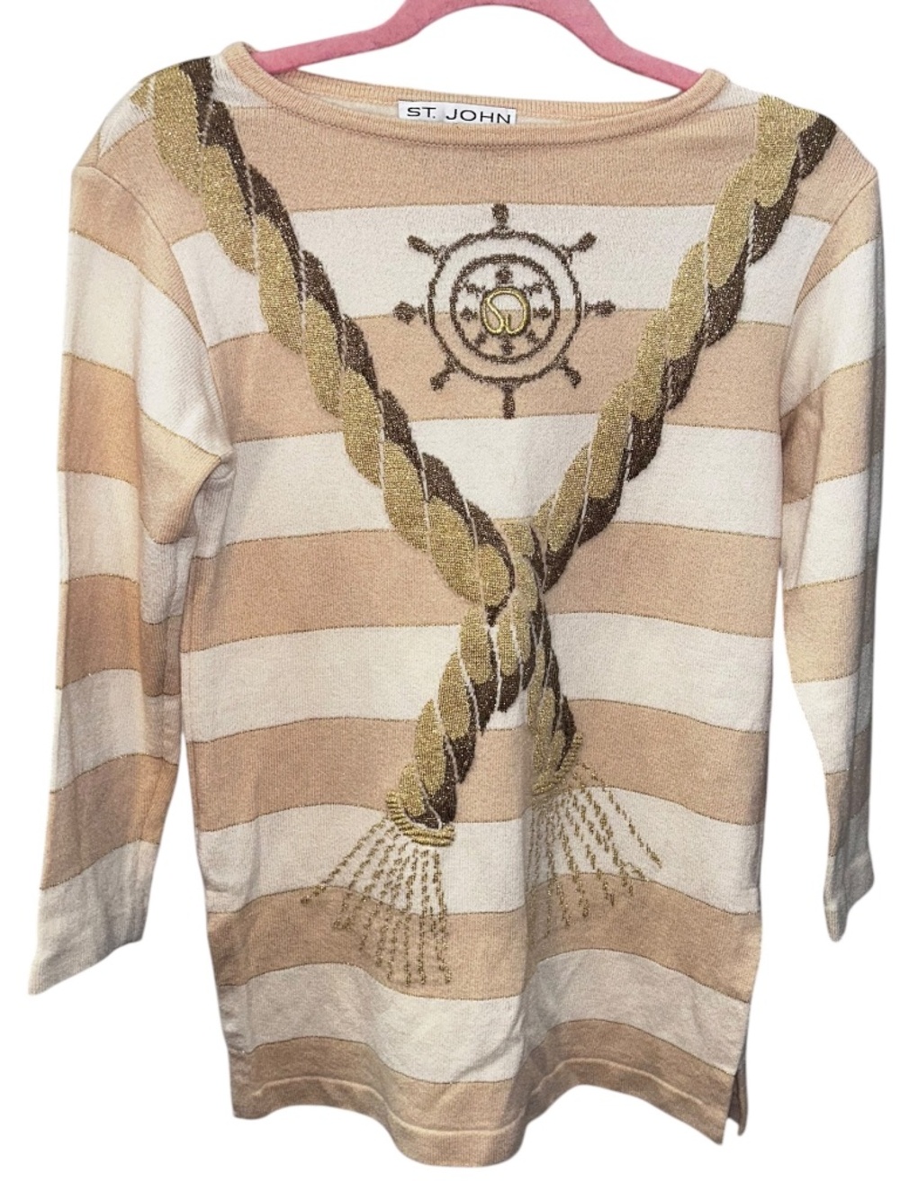 St. John Collection tan white nautical stripe ship wheel woven sailor rope top S